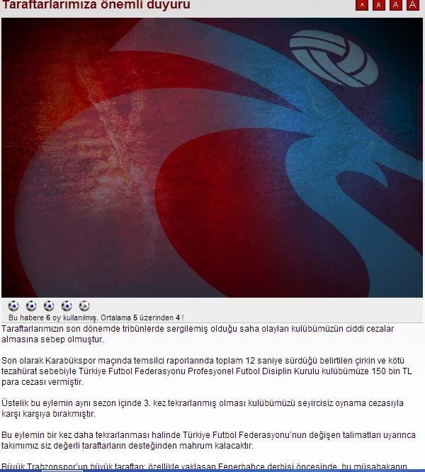 TRABZONSPOR'DAN TARAFTARINA FENERBAHÇE UYARISI