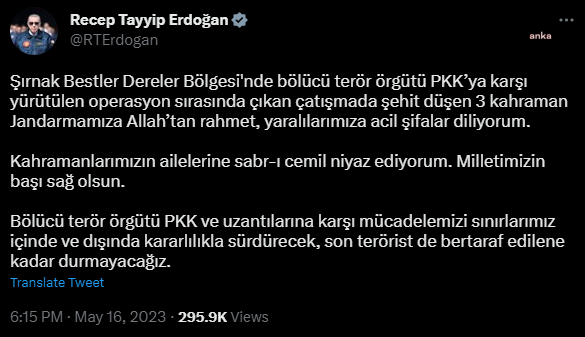 Cumhurbaşkanı Erdoğan'dan Şırnak'ta Şehit Düşen Askerler İçin Taziye Mesajı