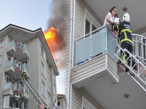 KÜTAHYA'DA YANGIN;ANNE VE BEBEĞİ BALKONDA MAHSUR KALDI