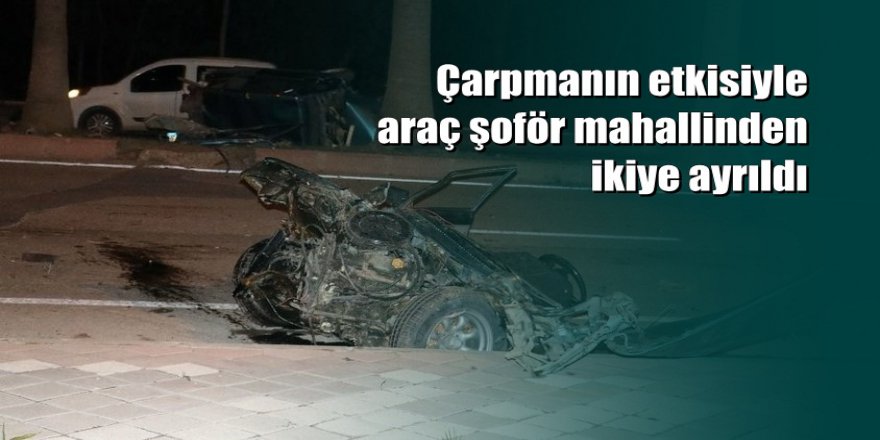 Adana'da ağaca çarpan araç ikiye ayrıldı